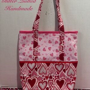 HAPPY VALENTINES BRILLIANT HEARTS WITH SILVER LINING QUILTED HANDMADE TOTE BAG
